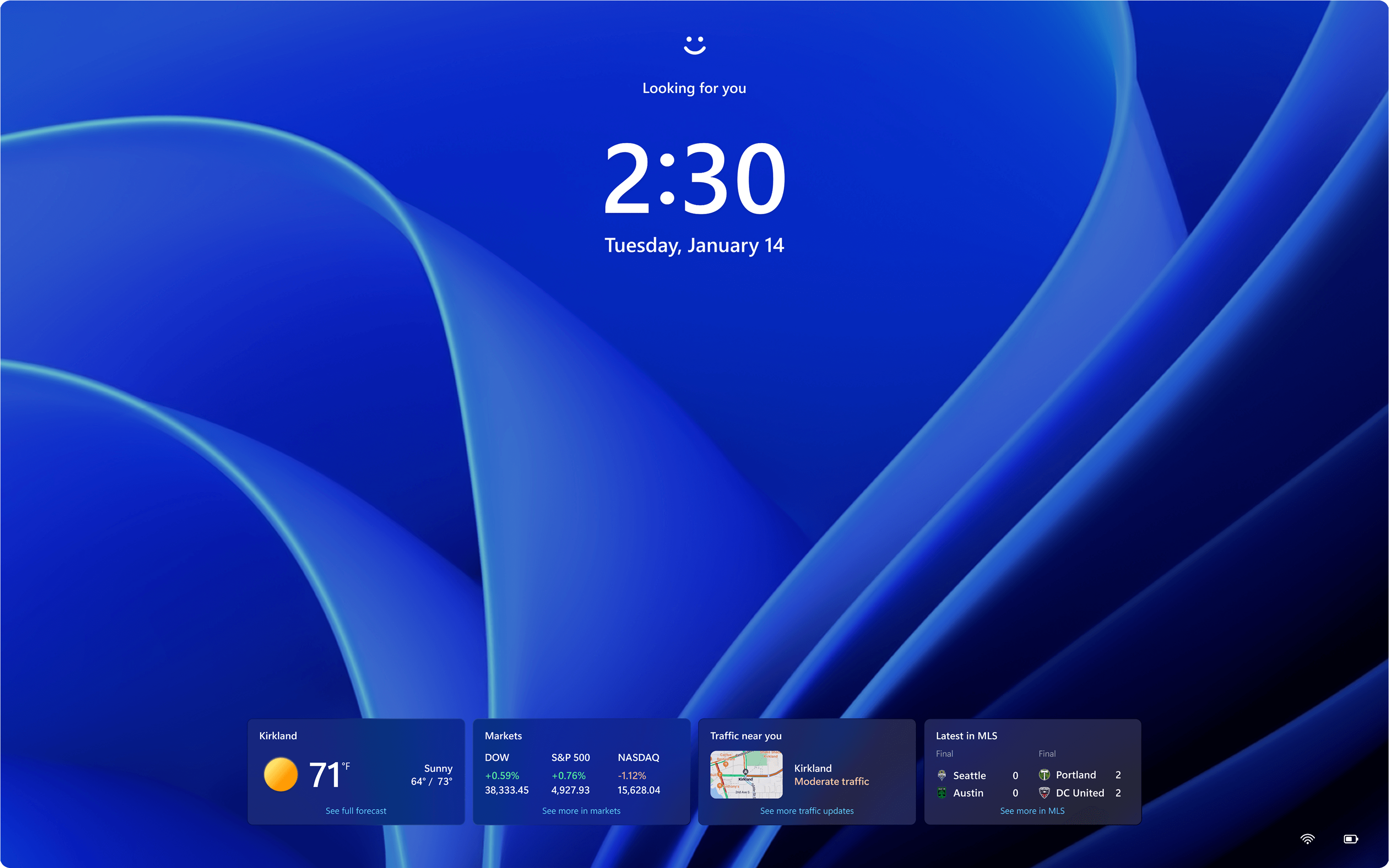 Windows 11 Pro lock screen showing time, date, and personalized widgets